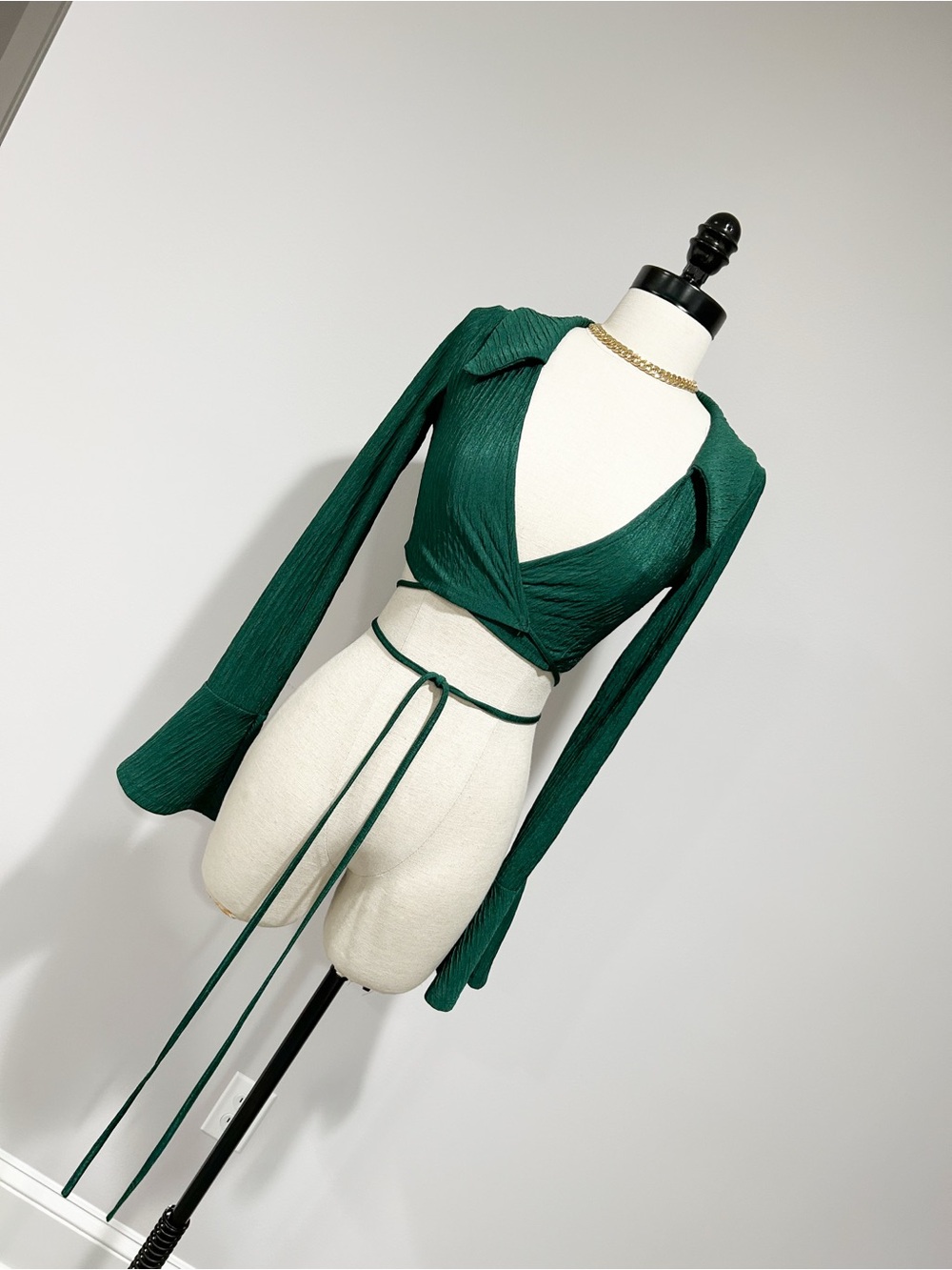 Bear Dance Emerald Green Wrap Crop Top with Long Sleeves